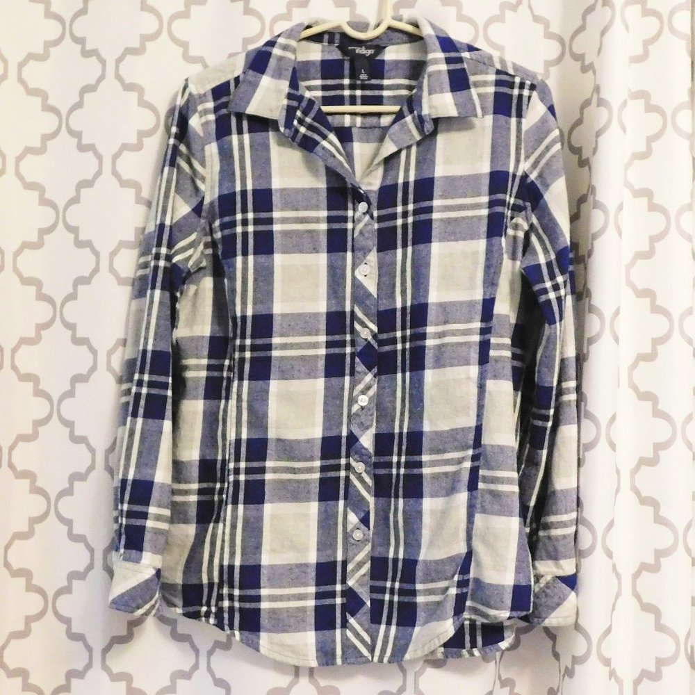 Blue, Gray & White  Tartan Flannel Shirt  -  L - Great Condition